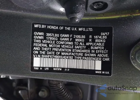 2017 Honda Civic Sport Touring из США, поврежденный, VIN SHHFK7H90HU424192